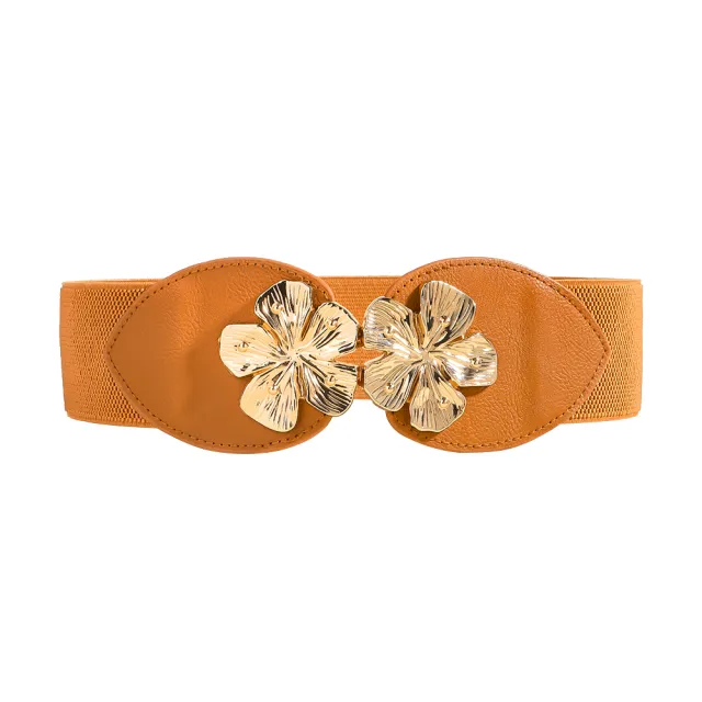 Women's Stretch Elastic Belt Floral Metal Buckle Wide Waist With Coat Skirt Brown - Shop at LoveMi