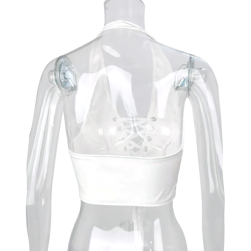 Translucent No Back Lace Up Short Women's PU Vest