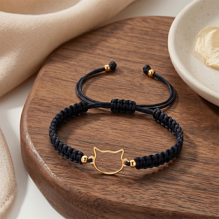 Minimalist Cat Outline Cord Bracelet - 18K Gold Plated Stainless Steel Waterproof String Bracelet - Cute Animal Jewelry Gift For Cat Lovers Men Wome