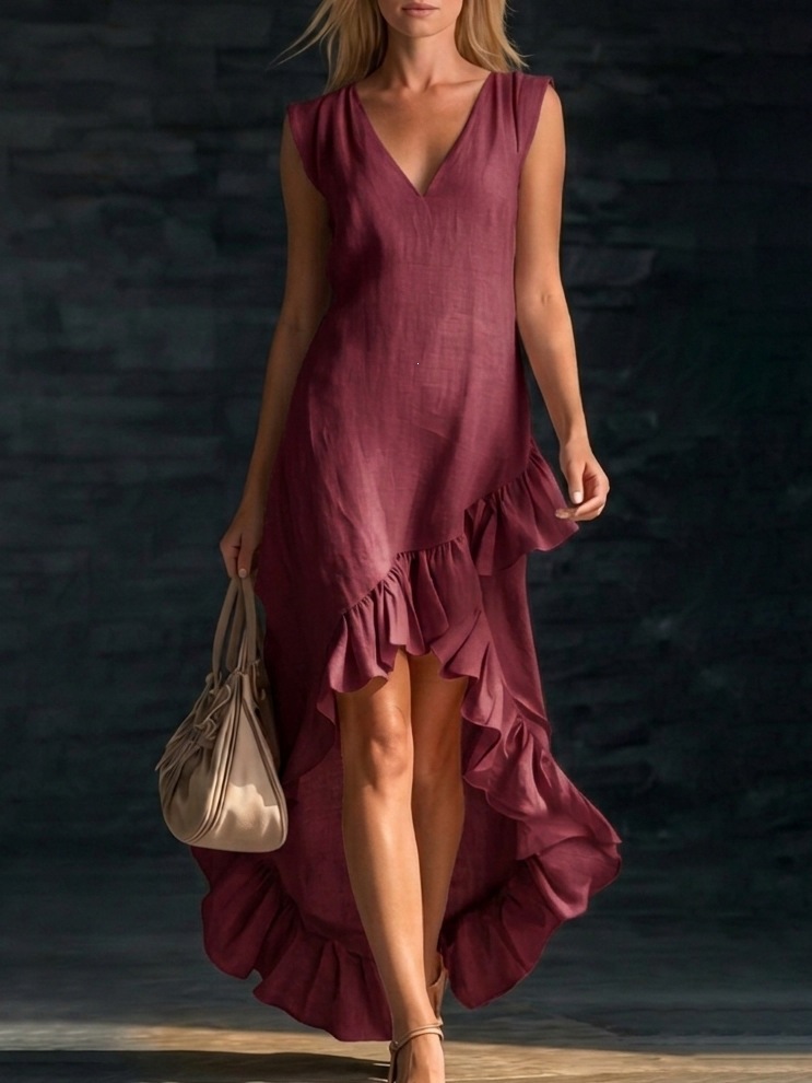Women's Fashion Romantic Sleeveless V-Neck Ruffle Hem Cotton Linen Maxi Dress