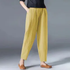 Vintage Art Nine Part Loose Thin Elastic Waist Wide Leg Pants - Yellow - View 1
