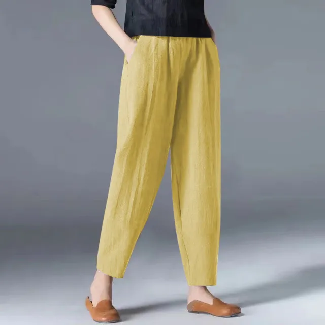 Vintage Art Nine Part Loose Thin Elastic Waist Wide Leg Pants Yellow - Shop at LoveMi