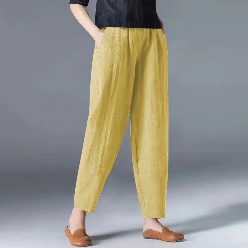 Vintage Art Nine Part Loose Thin Elastic Waist Wide Leg Pants - Yellow