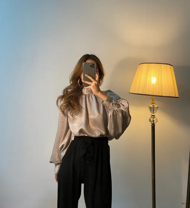 Elegant Stand Collar Shiny Satin Balloon Sleeve Shirt Tan - Shop at LoveMi
