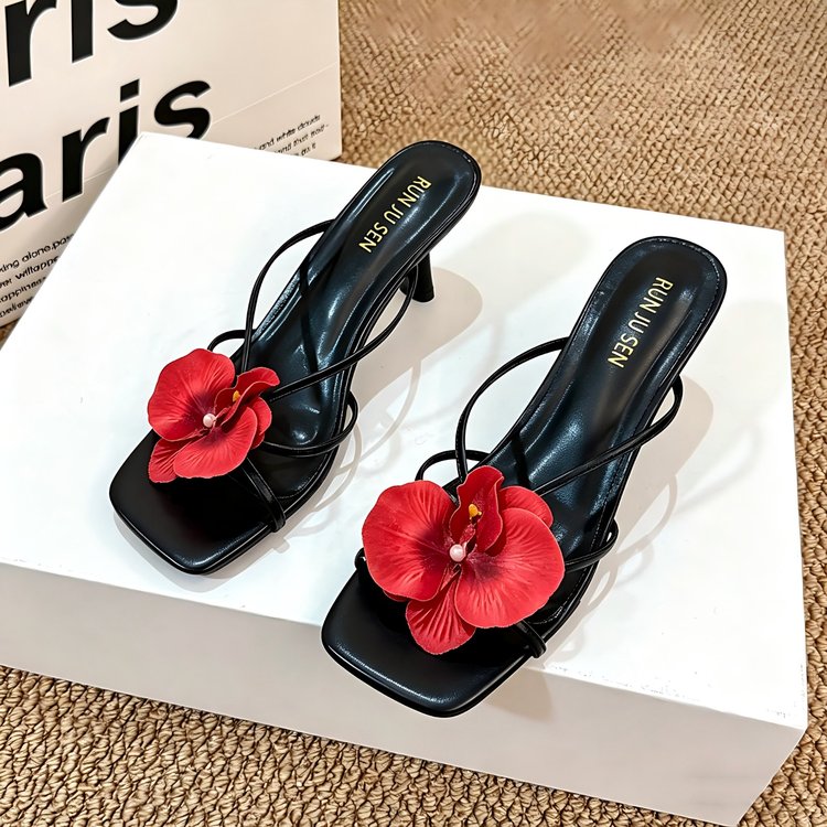 Fashionable Niche Flower Slippers, Comfortable Square Toe, Exposed Toe, Cool Drag, Thick Heel, Half Drag High Heels