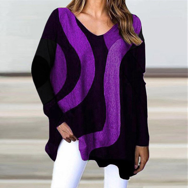 Title 4, V-Neck Pullover Long Sleeve Geometric Loose Cas...