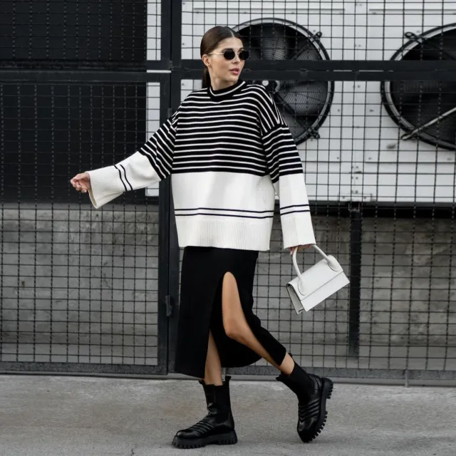 Women's Turtleneck Knitted Striped Loose Sweater Beige Ground - Shop at LoveMi