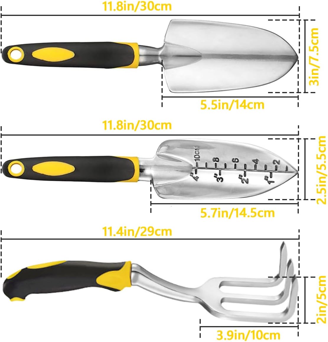 3pc Gardening Hand Tool Set with Ergo Grip. Lituford trowel garden tool, pruning shear made of heavy duty stainless steel, hand trowel and planting shovel made of aluminium alloy. Lightweight tools come with a moistureproof velvet bag for easy storage. Id