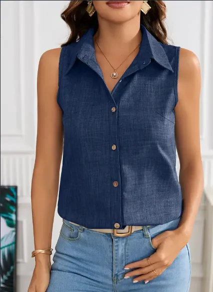 Sleeveless Button Front Blouse, Casual Collar Blouse For Spring & Summer, Women's Clothing Deep Blue - Shop at LoveMi