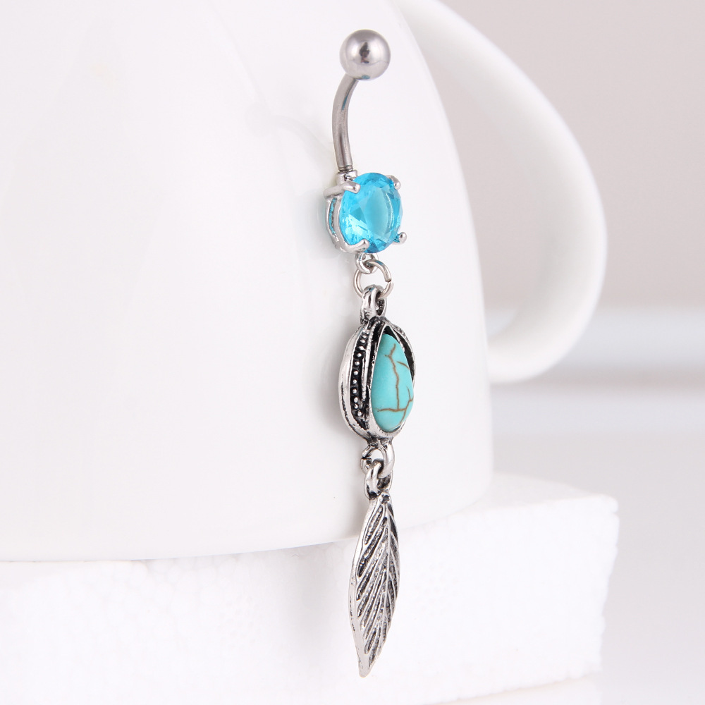 Title 6, Turquoise Water Drop Leaves Belly Button Ring S...