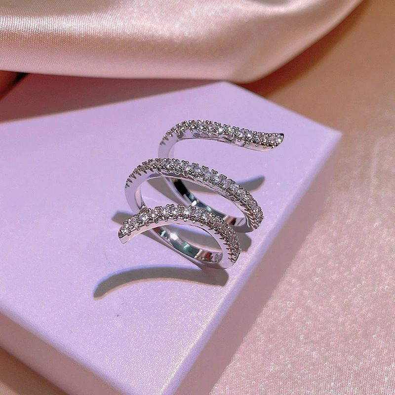 Multi-layer Geometric Wrapped Zircon Ring, Fashionable Personalized Creative Japanese & Korean Style Ring, Snake-shaped Ring