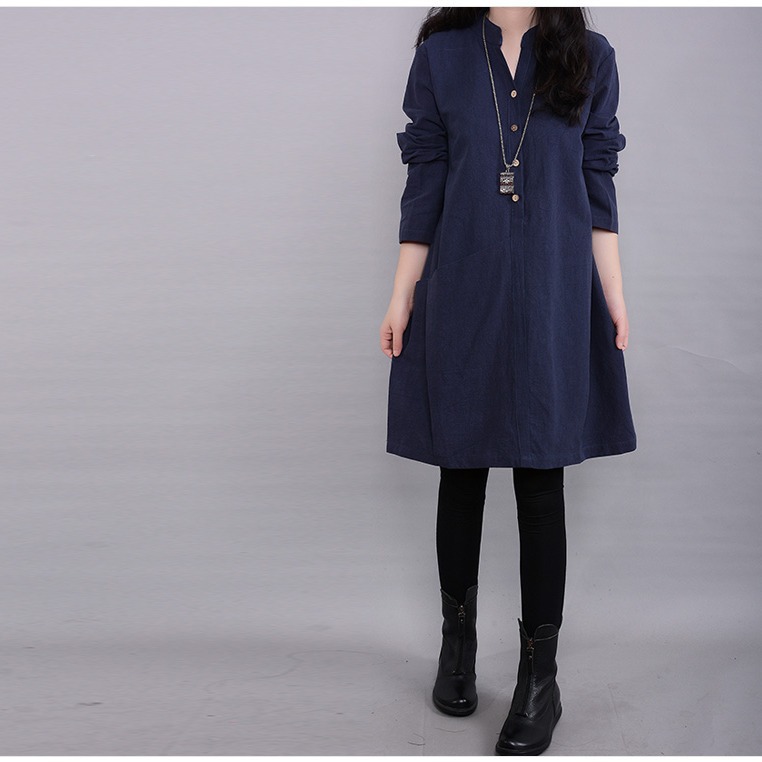 Women's Loose Large Size Cotton And Linen Dress With Long Sleeves And Mid-length