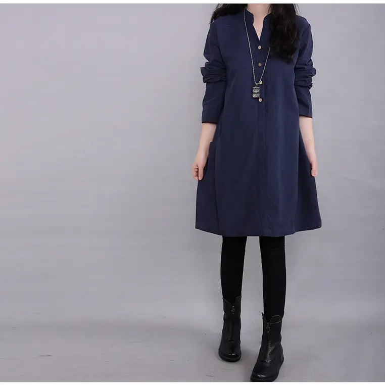 Women's Loose Large Size Cotton And Linen Dress With Long Sleeves And Mid-length