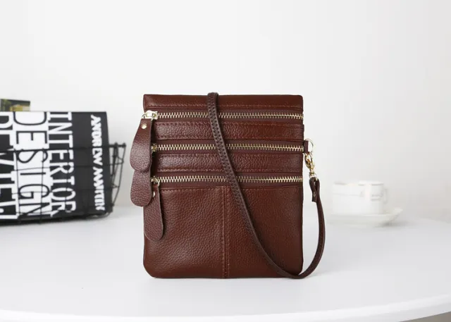 Real Cowhide Crossbody One shoulder Zipper Bag Brown - Shop at LoveMi