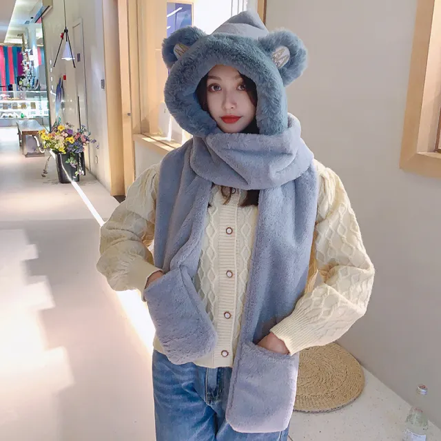 Women's Winter Hats Thickened Plush One piece Scarf Three Piece Set Grey - Shop at LoveMi