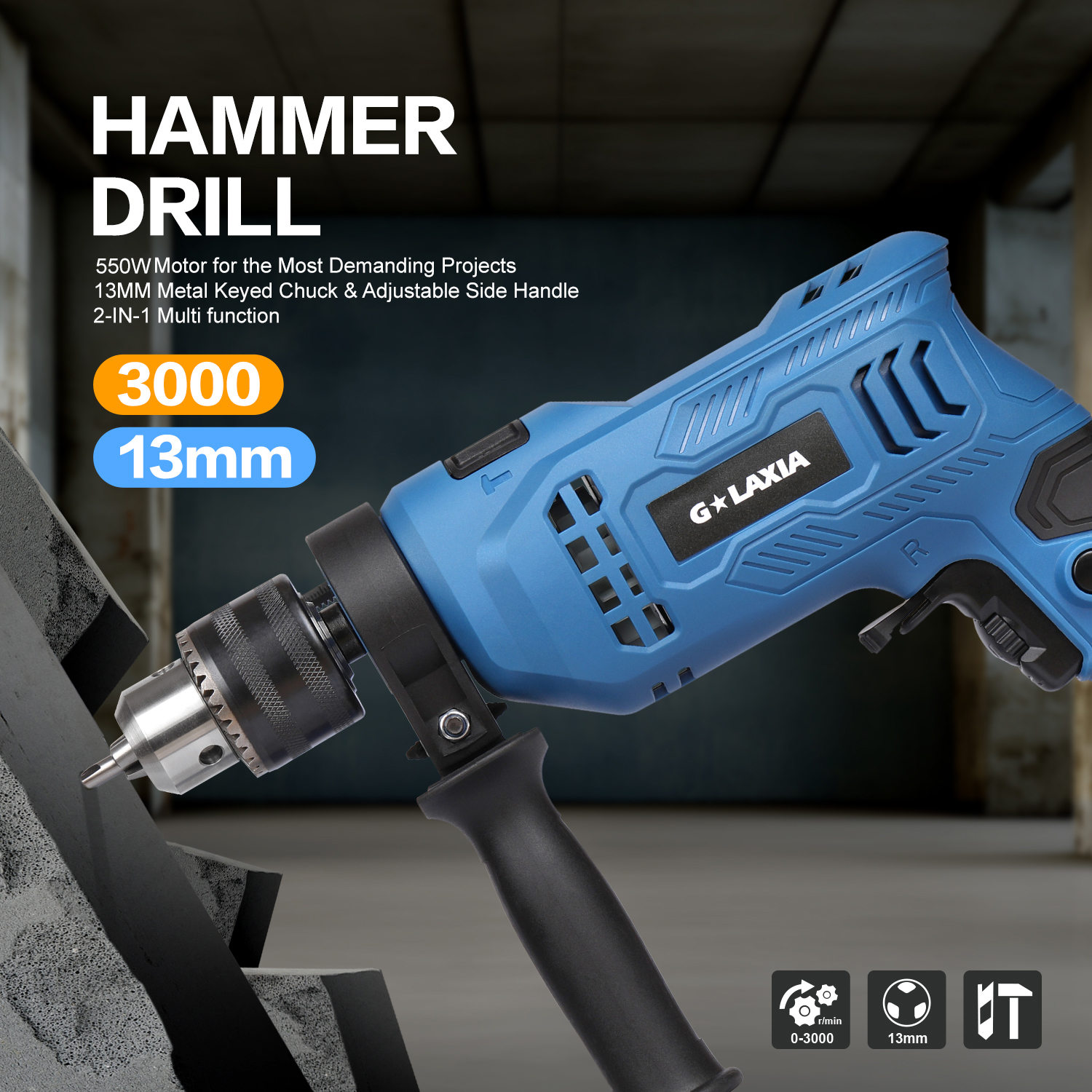 G LAXIA 550W Hammer Drill, Speed Variable 3000 RPM, 13mm Chuck, Electric — image 6