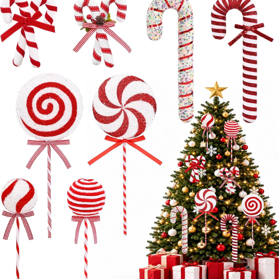 8 PCS Candy Cane Christmas Decorations, Red White Christmas Tree Decor 16 Inch Giant Large Lollipop With Glitter Finish, Hanging Candy Cane Xmas Tree