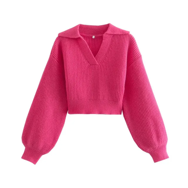 Lapel Lantern Sleeve Short Pullover Knit Sweater Rose Red - Shop at LoveMi