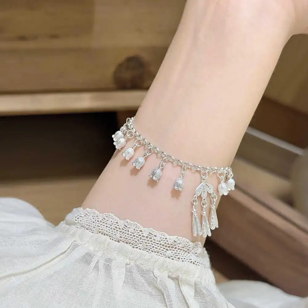 1pc 999 Sterling Silver Lily Of The Valley Tassel Bracelet, Delicate Chinese Style, Perfect For Daily Wear And Holiday Gift