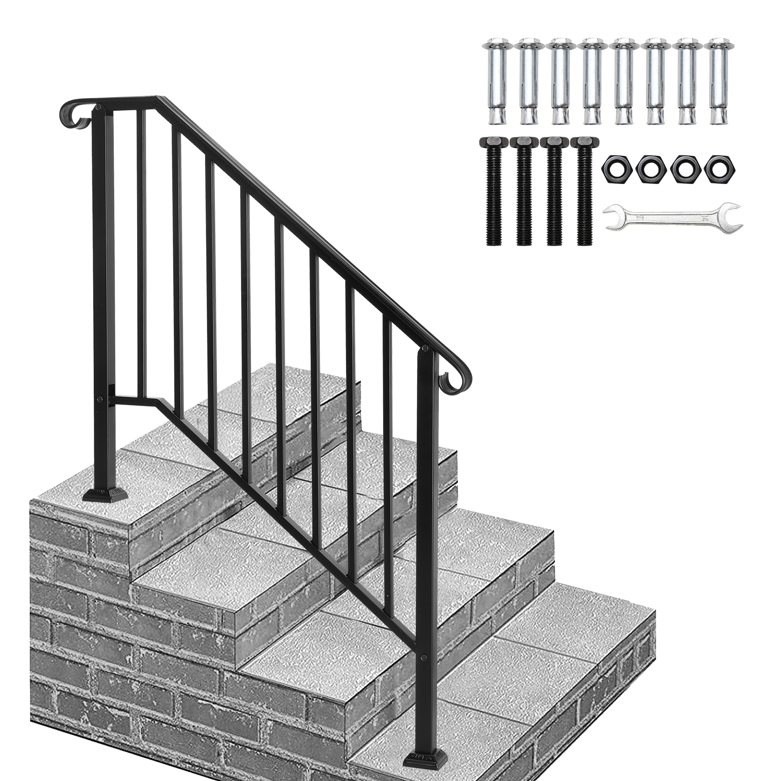 Handrails For Outdoor Steps, Black Wrought Iron Handrail Fits 3 Or 4 Steps, Transitional Handrail With Installation Kit, Stair Railing For Concrete Steps Or Wooden Stairs