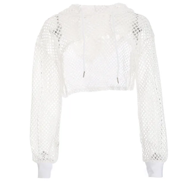 New Product Mesh Hollow Lace up Sunscreen Blouse Women's T shirt White - Shop at LoveMi