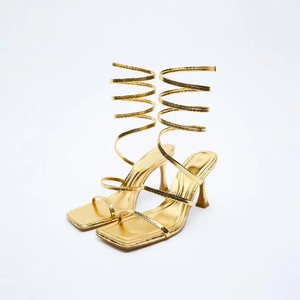 New Women's Spiral Strap Fashion High Heel Sandals Gold - Shop at LoveMi