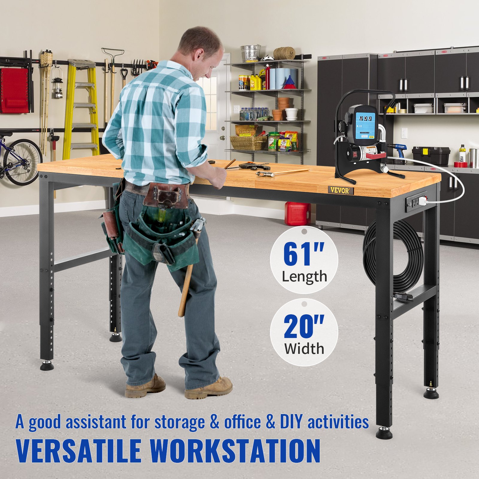 Workbench Adjustable Height, 2000 LBS Load Capacity, With Power Outlets & Hardwood Top &... thumbnail 1
