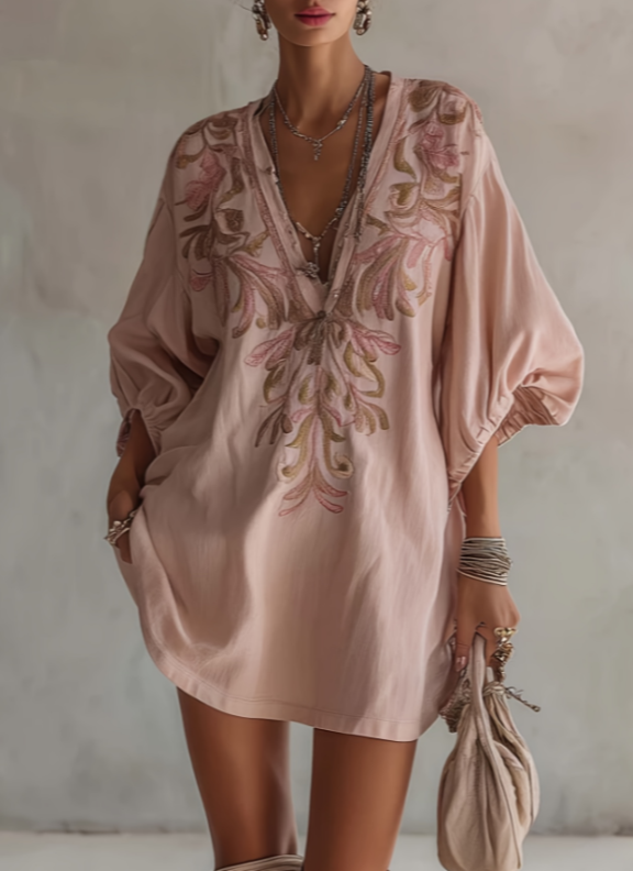 Embroidered V-neck Lantern Sleeve Cotton Linen Loose Short Dress — image 1