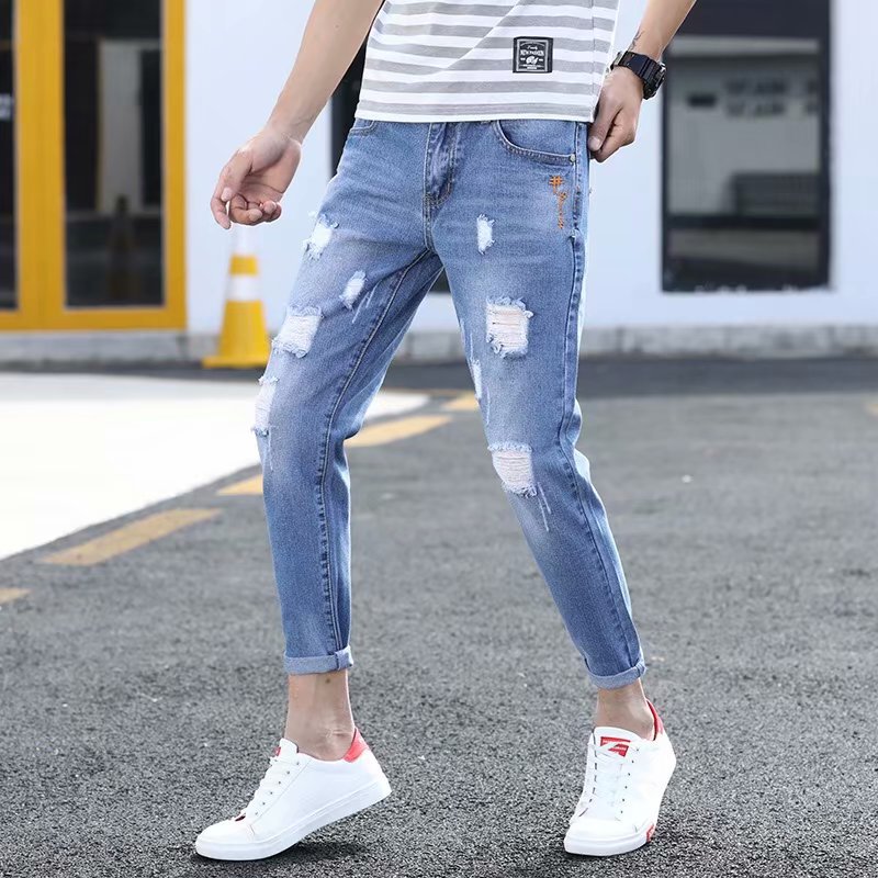 Autumn Men's Cropped Broken Holes Pants Jeans