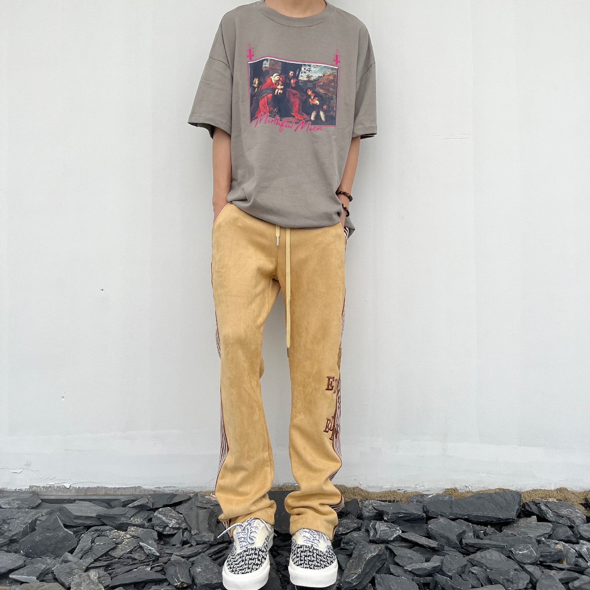 High Street Stripe Casual Pants Slim Fit Embroidery