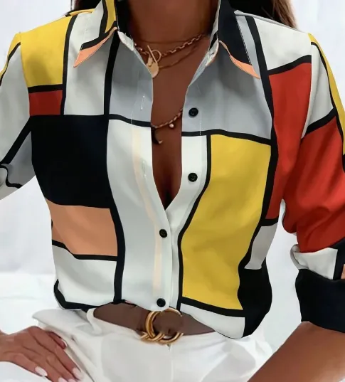 Women's Colorblock Printed Casual Single Breasted Long Sleeve Shirt, Daily Wear Yellow - Shop at LoveMi