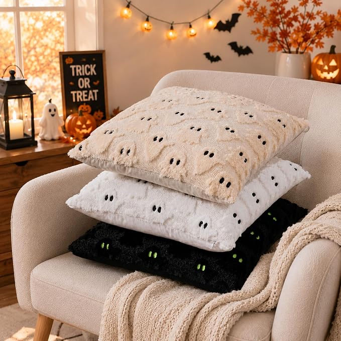 2-Piece Beige Halloween Pillow Covers, 18x18 Inch Ghost Pattern Decorative Cushion Covers 4