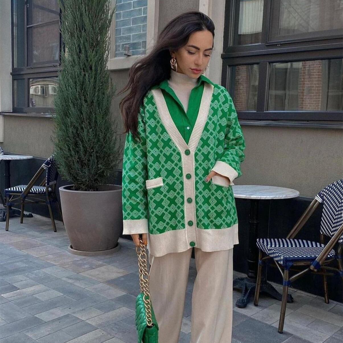 Women's Fashion Jacquard Mid Length Cardigan Sweater