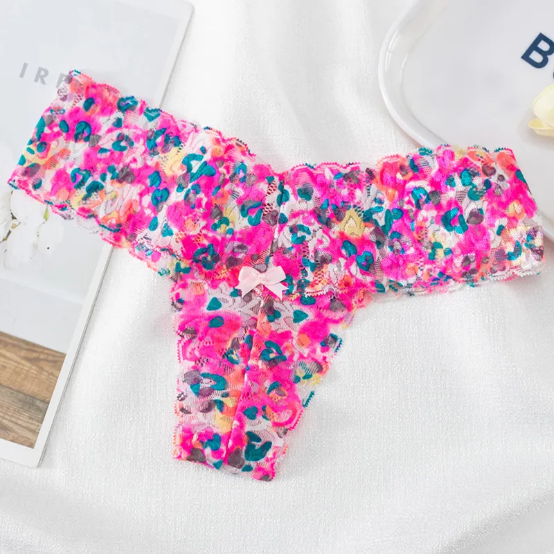 Women's Sexy Low Waisted Lace Printed Thong - Rose Red