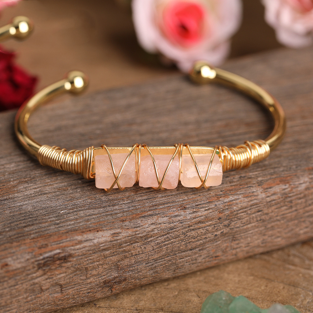 Gold Copper Wire Winding Bracelet Natural Black Tourmaline Beads
