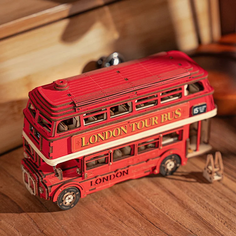 London Tour Bus 3D Wooden Puzzle Toy. Rolife 3D Puzzle Adult, DIY wooden model kit. Children 14 and older, toys. Tabletop decoration, furniture decoration, birthday, Christmas gifts. Wood piece: 255pcs; Assembly time: about 3 hours. Assembly Size: 194*78*