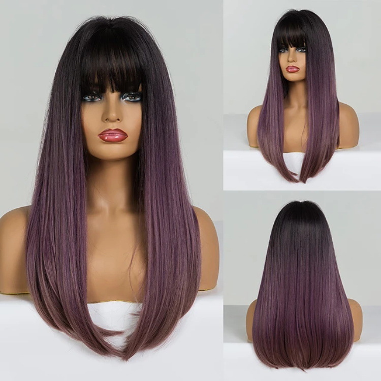 Title 3, Black Gradient Mixed Purple With Bangs Long Str...