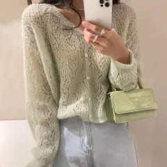 Summer V-neck Mohair Knitted Cardigan For Women - Green - View 1