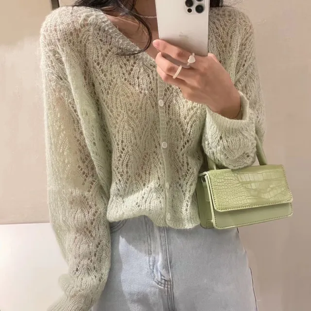 Summer V neck Mohair Knitted Cardigan For Women Green - Shop at LoveMi