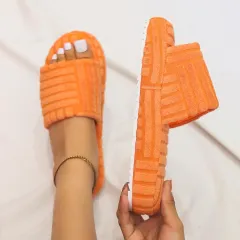 Home Slippers Thick Sole Peep Toe Shoes Women Winter Flip Flops - Orange - View 1