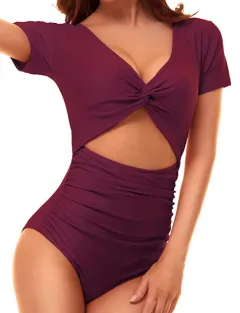 Ladies Fashion Cutout Lace-Up Halter Swimsuit - Red - View 1