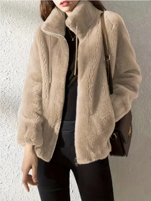 Drawstring Teddy Coat Casual Zip Up Long Sleeve Warm Outerwear Women's Clothing Beige - Shop at LoveMi