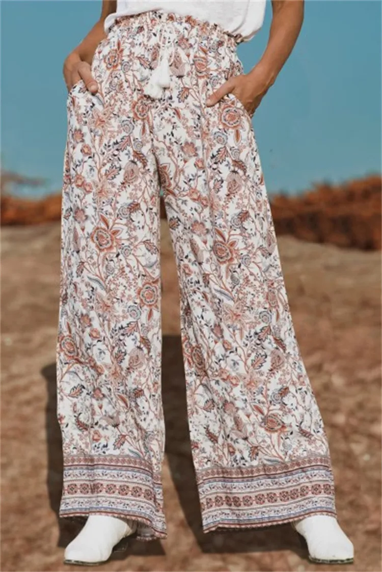 Printed Lanyard Wide Leg Pants Versatile Pants - Pink
