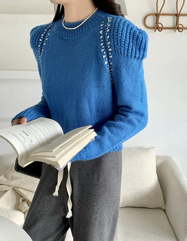 Women's New Short Puff Sleeve Knitted Sweater Top Blue - Shop at LoveMi