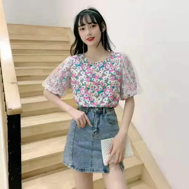 Short sleeved Beaded Mesh Loose Puff Sleeve Chiffon Top Blue - Shop at LoveMi