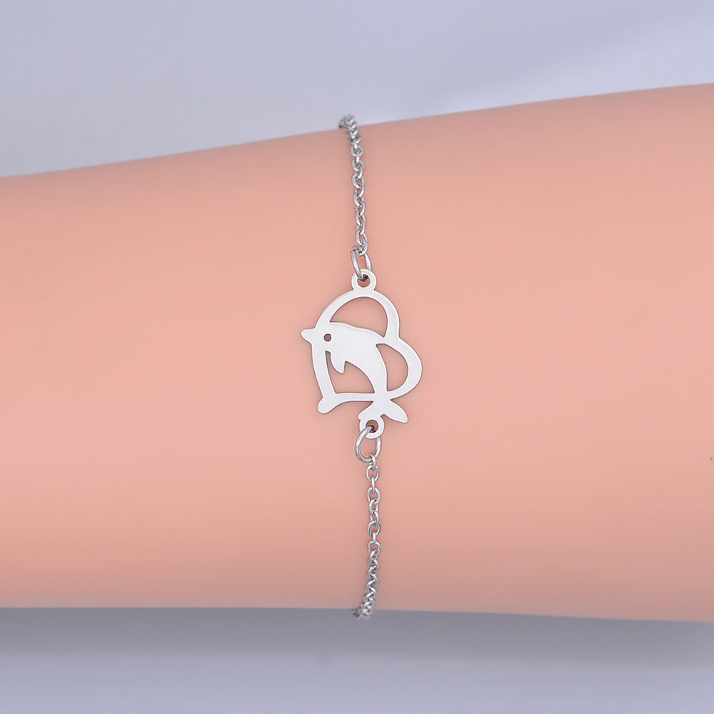 Gold Titanium Steel Bracelet Hollow Love Sea Animal Dolphin Fish Pendant