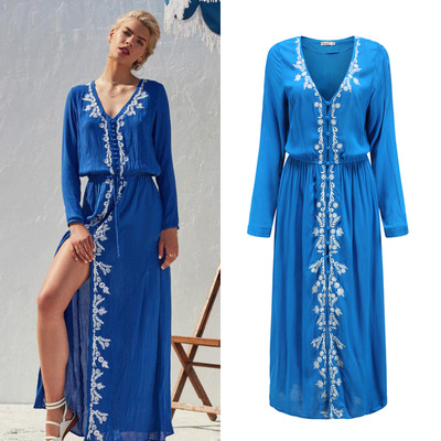 Women's Embroidered Flower V-Neck Long Dress — image 1