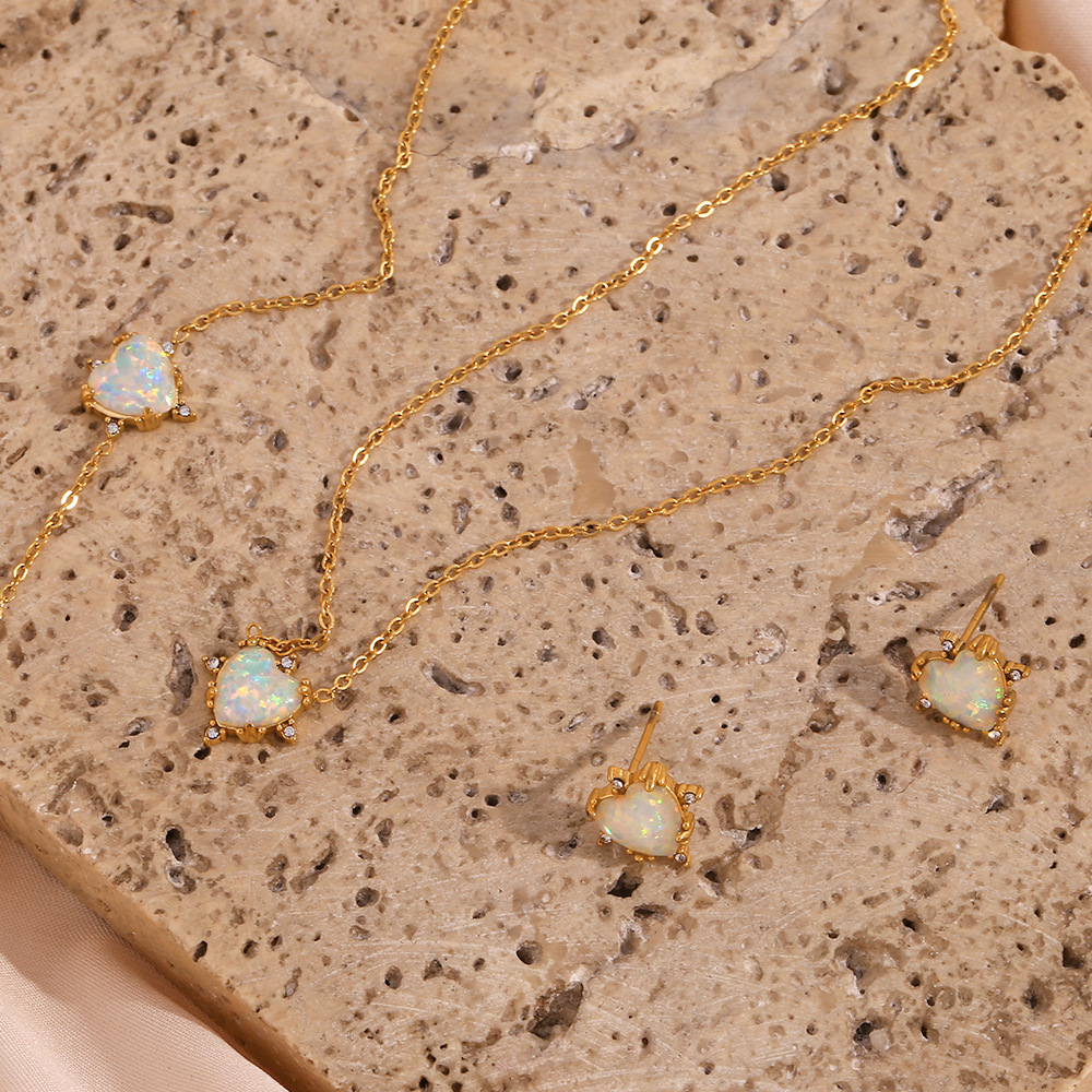 European And American Fashion Retro Popular Bracelet Ear Studs Stainless Steel Gold-plated Peach Heart Opal Necklace