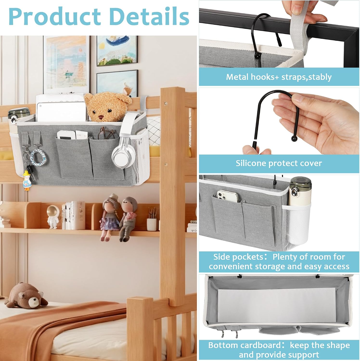 Bedside Caddy, Hanging Storage Bag Organizer For Bunk Bed, Dorm Room And Bed Rail, Space Saving Holder For Essentials 4