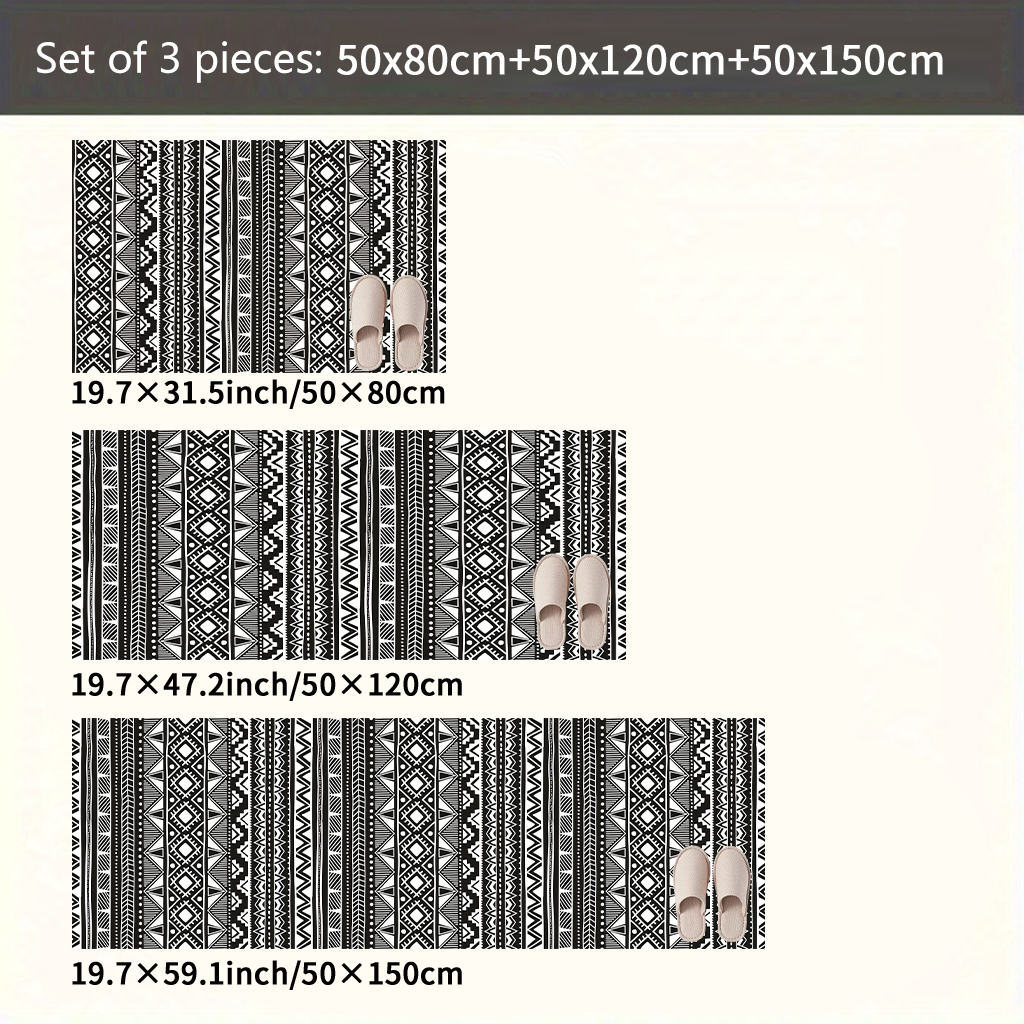 Black And White Geometric Ethnic Style Kitchen Carpet Three-piece Set Fashionable And Cool Artistic Sense Full Of Anti-skid And Stain Resistance Can Also Create A Kitchen Advanced Atmosphere Cashmere-